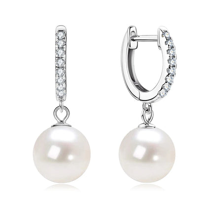 Genuine 925 Sterling Silver Moissanite Hoop Earrings 9-10mm Freshwater Pearl Drop Earring Wedding Jewelry for Women Gifts