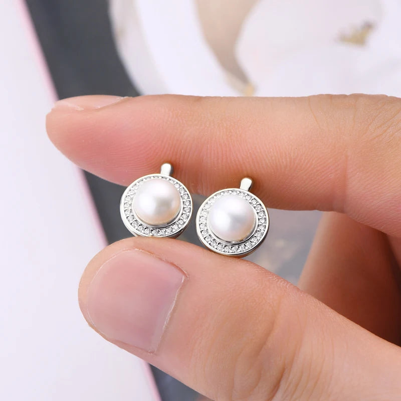 French Elegant 1mm VVS1 Moissanite Earring 925 Silver 7mm Freshwater Pearl Hoops Wedding Earrings for Women Jewelry Gifts