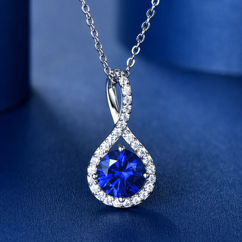 925 Sterling Silver Infinity Necklace 8mm 2ct 5A Cubic Zirconia Lab Diamond Blue Gemstone Pendant for Women Fine Jewelry Gift