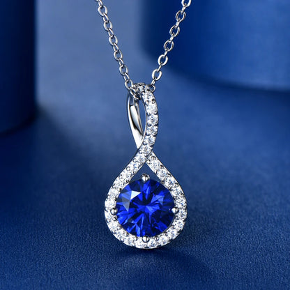 925 Sterling Silver Infinity Necklace 8mm 2ct 5A Cubic Zirconia Lab Diamond Blue Gemstone Pendant for Women Fine Jewelry Gift