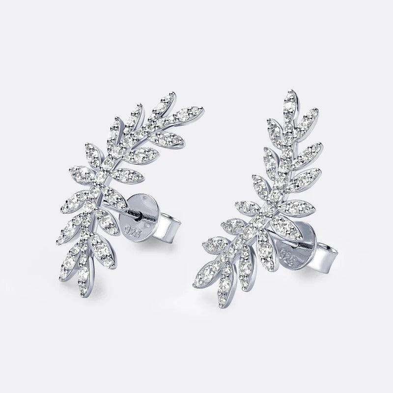 Leaf-Shaped Stud Earrings Climber 925 Sterling Silver D Color Moissanite Earrings for Women Wedding Party Jewelry Valentine Gift