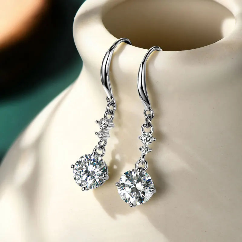 6.5mm 1CT Round D Moissanite Drop Hook Earrings 925 Silver for Women Wedding Engagement Jewelry GRA Certified Ladies Gift