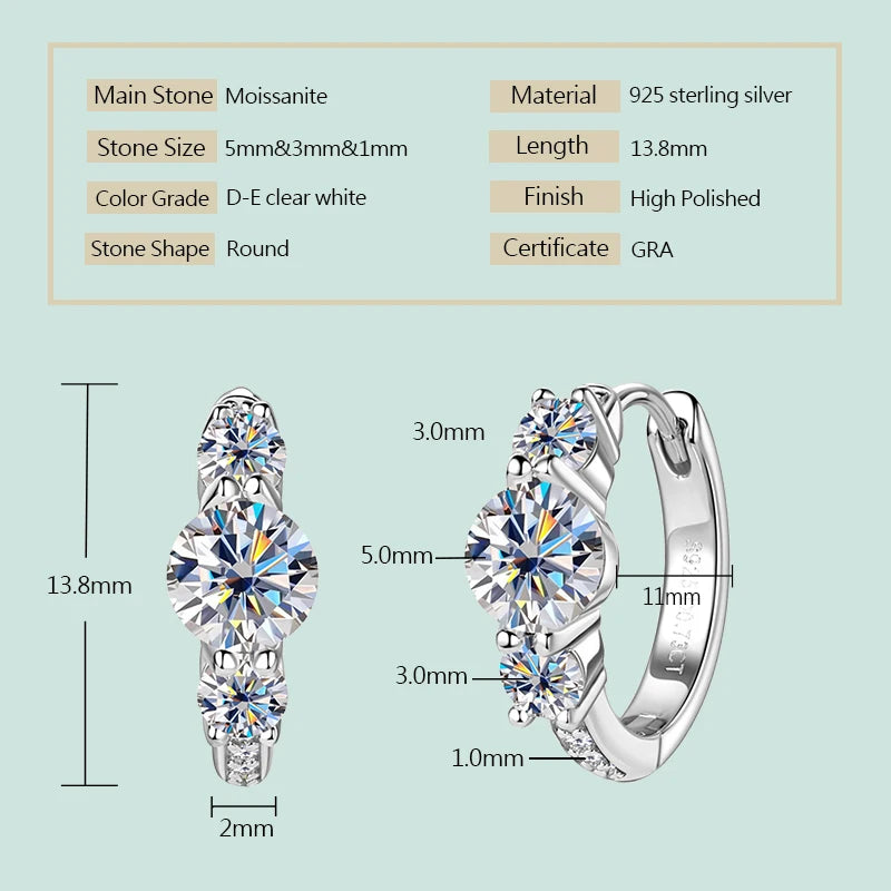Real 925 Silver 5mm Round Moissanite Three Stone Earrings for Women 2024 New Small Hoop Wedding Jewelry Valentine Day Gift