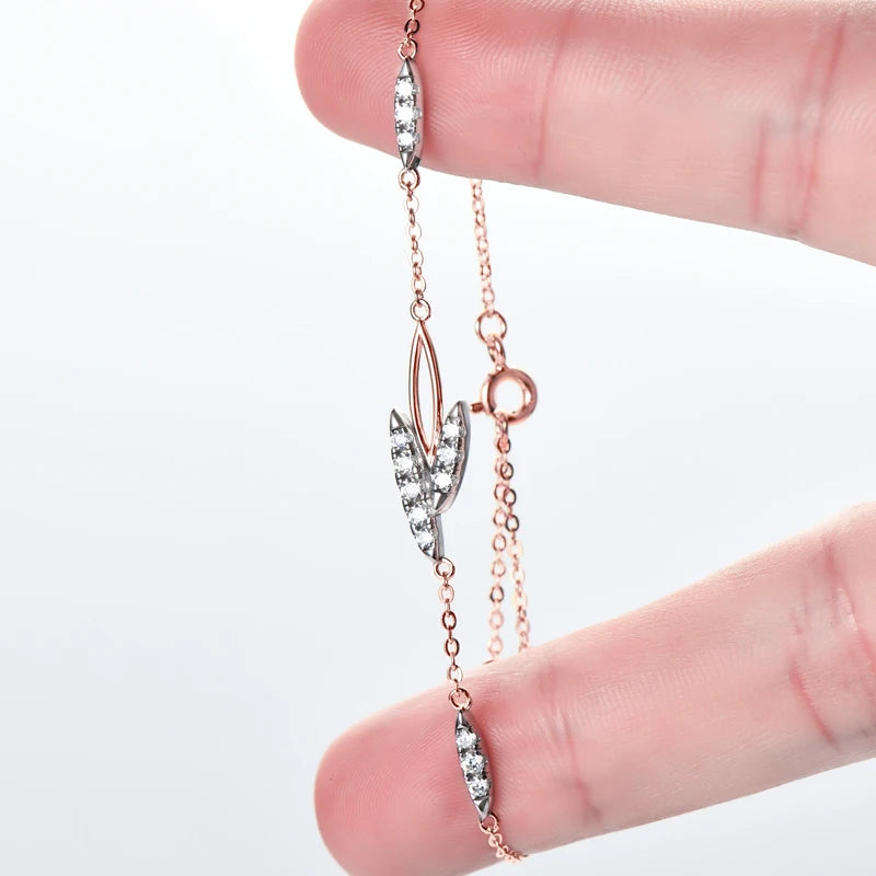 2024 Trendy 18k Rose Gold Plated Delicate 2mm D Color Moissanite Leaf Bracelet  925 Silver Chain for Women Wedding Jewelry Gift
