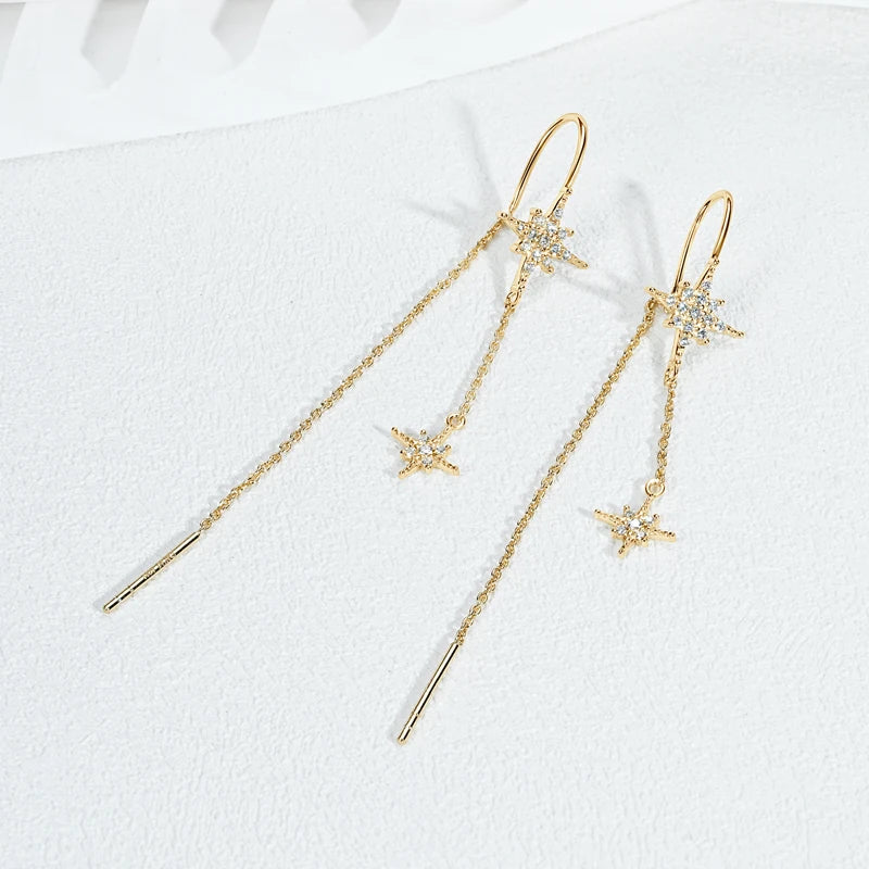 Guide Star Pendant Round Moissanite Earrings Ear Line 925 Silver for Women Piercing Threader 2024 Trend Fine Jewelry Gift
