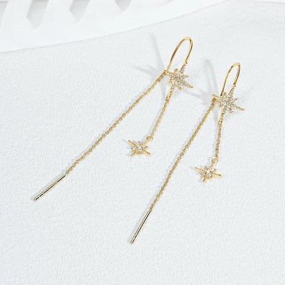 Guide Star Pendant Round Moissanite Earrings Ear Line 925 Silver for Women Piercing Threader 2024 Trend Fine Jewelry Gift