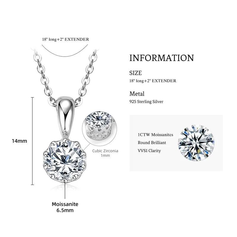 Crown Pendant Necklace 100% Real Silver 925 Chain Round 1CT VVS1 Moissanite Necklace for Women Charm Gift Birthday Jewelry