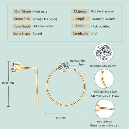 100% 925 Silver Circle Piercing Earrings for Women 4mm 0.3ct Moissanite Earring Studs Threader Wedding Party Jewelry 2024