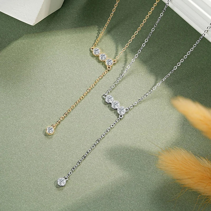 Real 925 Sterling Silver Y Lariat Necklace 2024 3mm Bezel Round Moissanite Pendant Necklaces for Women Wedding Party Jewel
