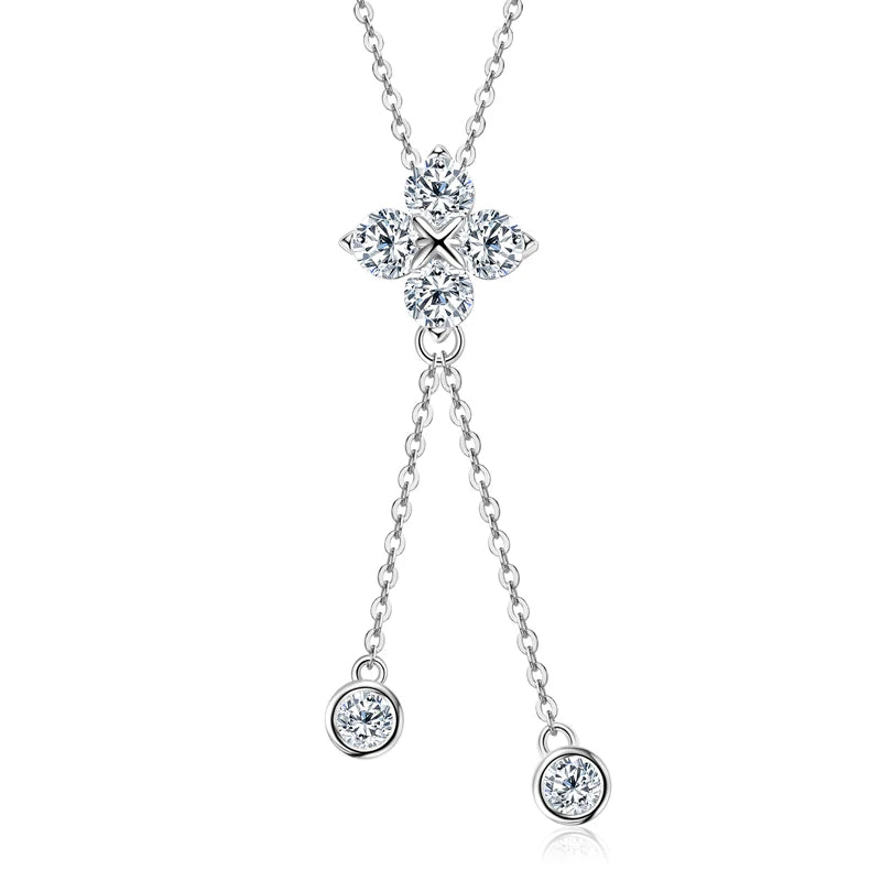 D1.40CT Moissanite Four Leaf Clover Pendant Necklace 100% 925 Silver Long Tassel Hanging Necklaces for Woman Charm Jewelry Gift