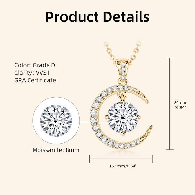 8mm 2.0CT Moissanite Sun Crescent Pendant Necklaces For Women 925 Silver Adjustable Chain Charm GRA Certified Jewelry Gift
