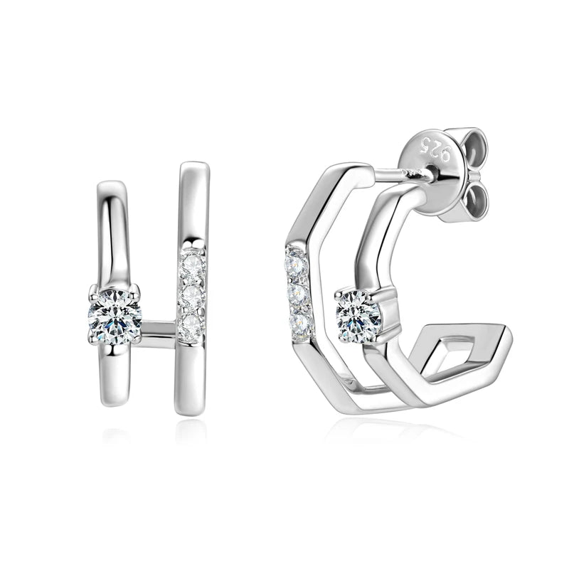 NEW 4mm Moissanite Piercing Stud Ear Cuffs 925 Sterling Silver Double Side Hoop Earrings for Women Illusion Jewelry Gifts