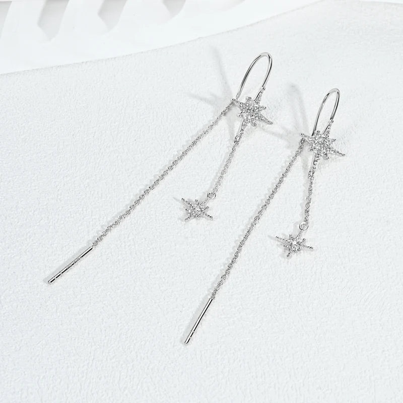 Guide Star Pendant Round Moissanite Earrings Ear Line 925 Silver for Women Piercing Threader 2024 Trend Fine Jewelry Gift