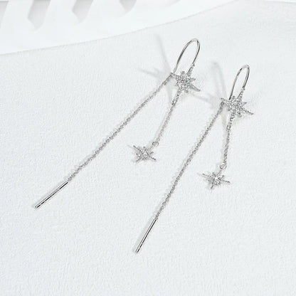 Guide Star Pendant Round Moissanite Earrings Ear Line 925 Silver for Women Piercing Threader 2024 Trend Fine Jewelry Gift