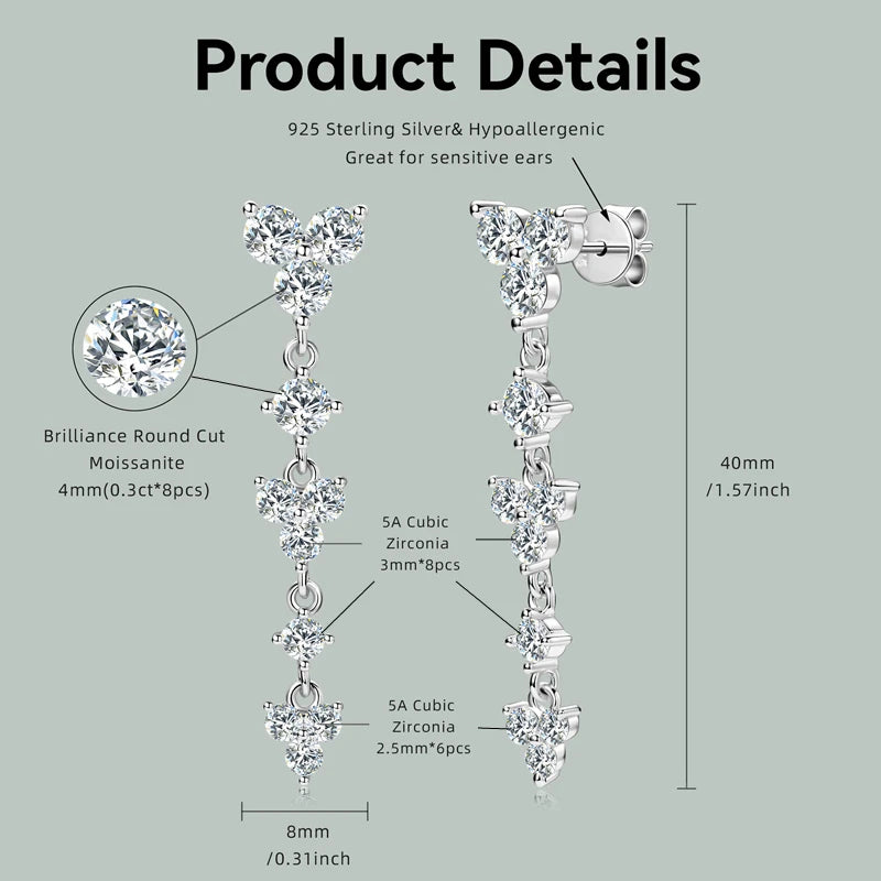Real 925 Silver 4mm D Color Moissanite Long Drop Earrings Piercing Studs Wedding Party Fine Jewelry for Women 2024 Trend Gift
