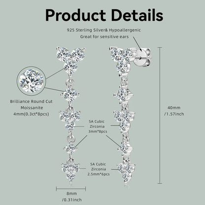 Real 925 Silver 4mm D Color Moissanite Long Drop Earrings Piercing Studs Wedding Party Fine Jewelry for Women 2024 Trend Gift