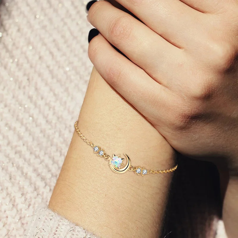 Fashion White Opal Sun and Moon Bracelet Real 925 Silver Chain Bracelets for Women with 5A Zircon New Year Christmas Gifts