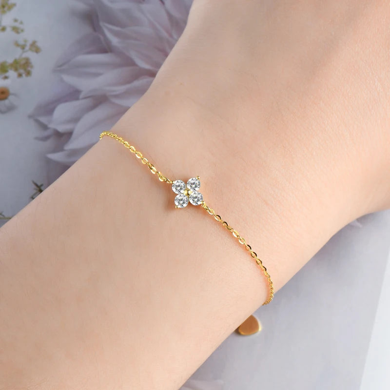 Lucky Four Leaf Clover Moissanite Bracelet 925 Silver for Women Certified D Color Simple Charm Jewelry 18k Gold Plated
