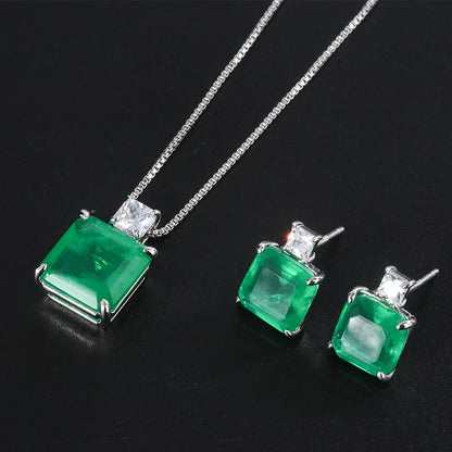Vintage Simulated Emerald Square Stud Earrings 10*10mm Gemstone Pendant Necklace Silver 925 Plated Copper Women's  Jewelry Gift