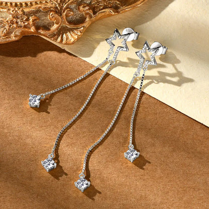 4mm D Moissanite Star Tassel Drop Stud Earrings for Women Long Chain Dangle Earrings 925 Silver GRA Certified Fine Jewelry