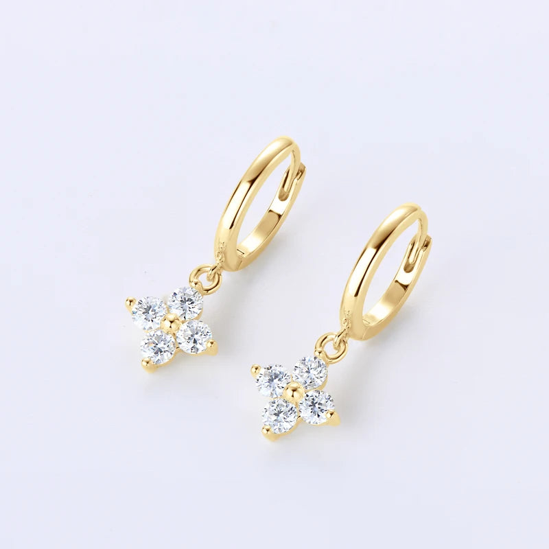 925 Sterling Silver Four Leaf Clover Earrings 3mm D Color Moissanite Drop Hoop Earrings for Women Lucky Charm Jewelry Gift