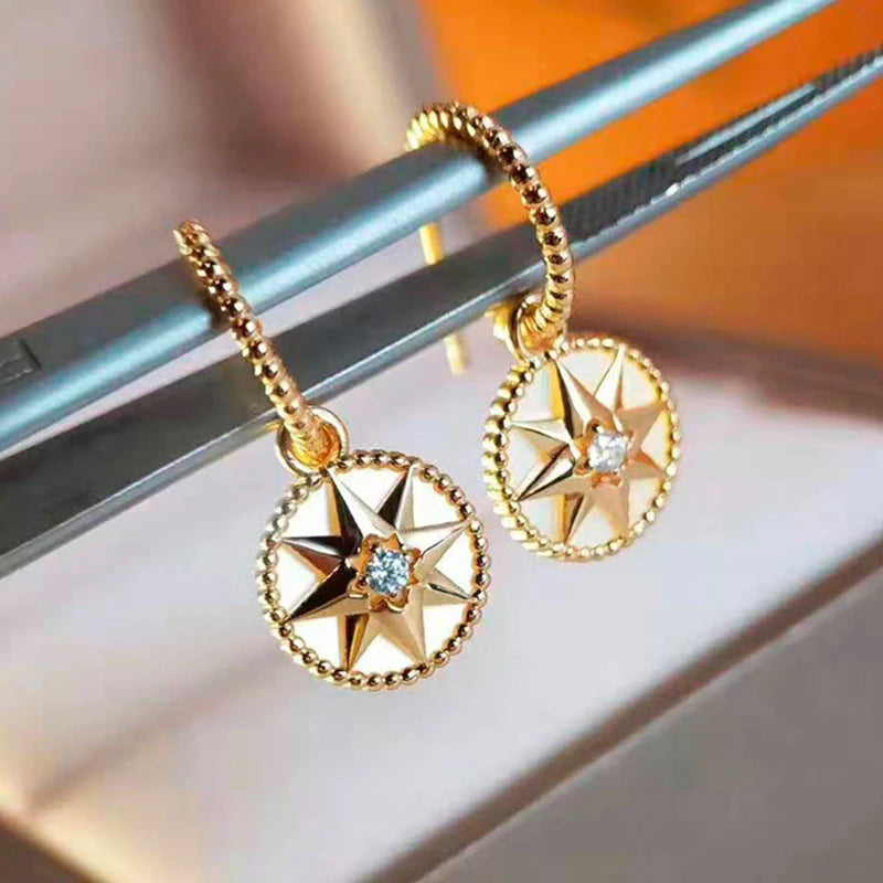 Personality White Fritillary Compass Pendant Necklace Piercing Earrings Gold Plated 925 Sterling Silver Gift Women Jewelry