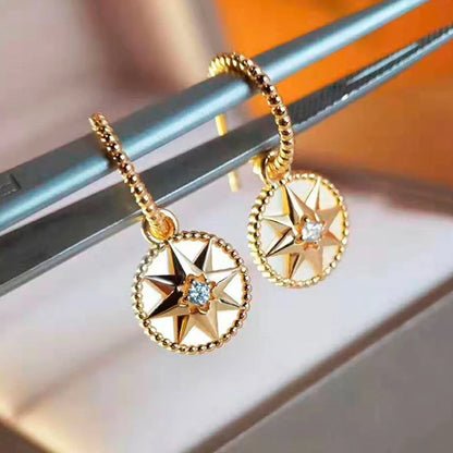 Personality White Fritillary Compass Pendant Necklace Piercing Earrings Gold Plated 925 Sterling Silver Gift Women Jewelry
