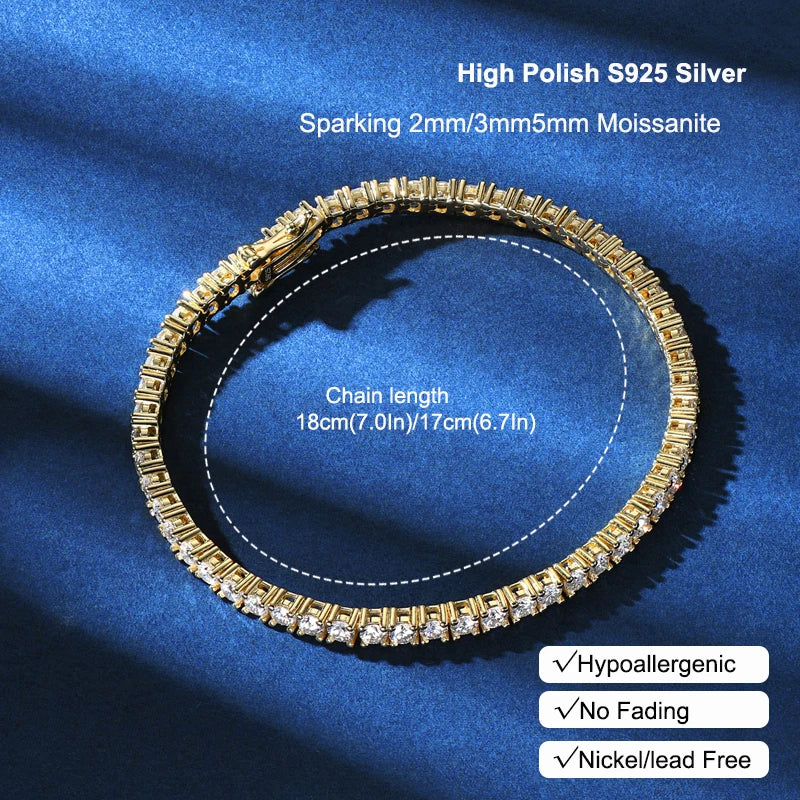 925 Sterling Silver Plated 14K Gold Tennis Bracelet 3mm 5mm D VVS1 Round Moissanite Bracelets for Women Men Couples Gifts
