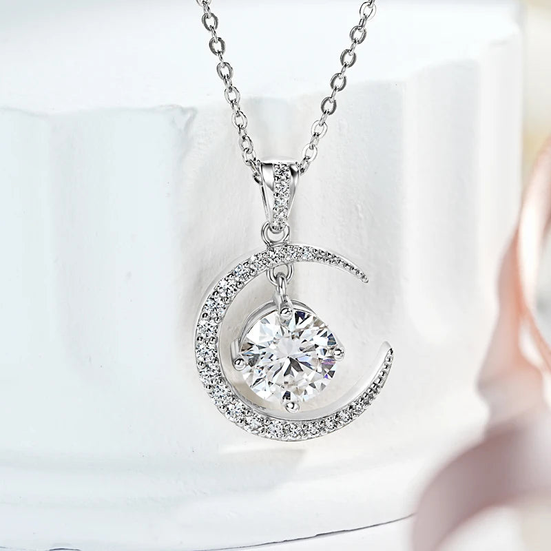 8mm 2.0CT Moissanite Sun Crescent Pendant Necklaces For Women 925 Silver Adjustable Chain Charm GRA Certified Jewelry Gift