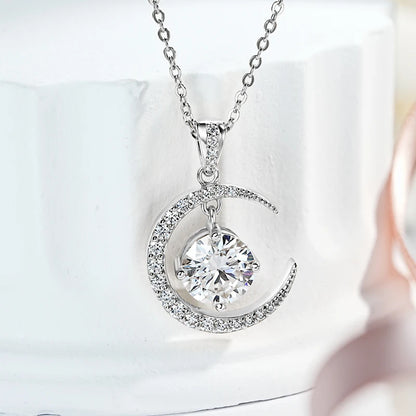 8mm 2.0CT Moissanite Sun Crescent Pendant Necklaces For Women 925 Silver Adjustable Chain Charm GRA Certified Jewelry Gift