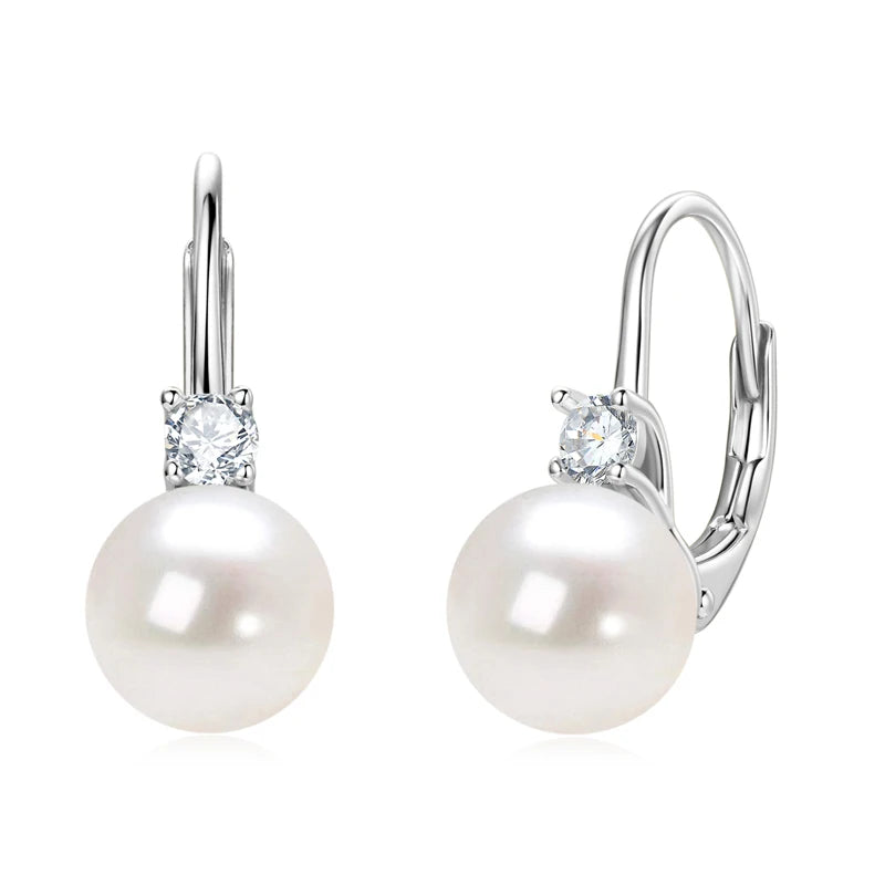 925 Sterling Silver 8-9mm Natural Freshwater Pearl and 3mm Moissanite Hoop Drop Earrings Wedding Fine Jewelry for Women