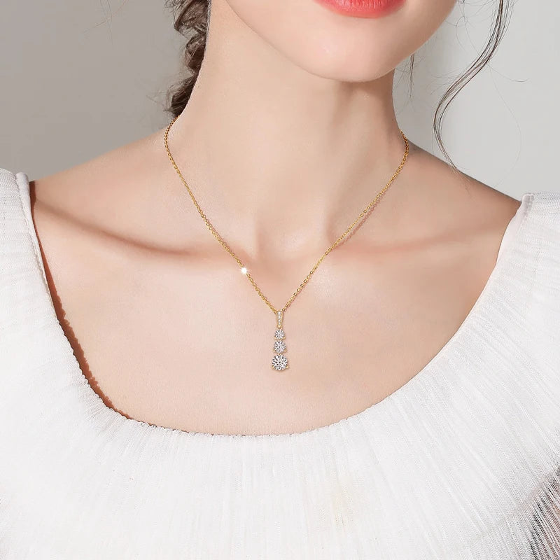 925 Silver D1.85CT Moissanite Necklace Certified Gradual Three Stone Pendant Collar Wedding Anniversary Jewelry Gift for Women