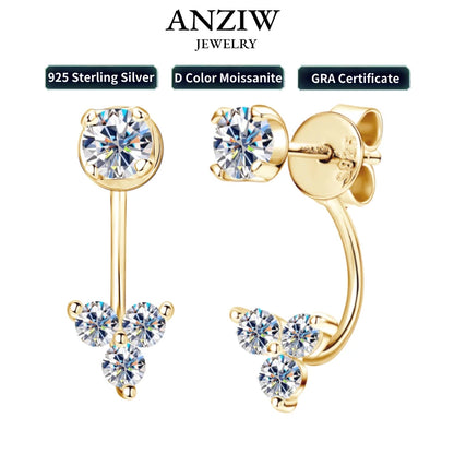 Dual Purpose  Flower D Moissanite Drop Stud Earrings Real 925 Silver Front and Back Piercing Ear Jacket for Women Jewelry Gift
