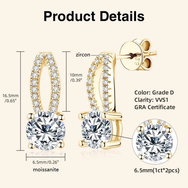 Solitaire D1.0CT Moissanite Drop Earrings Real 925 Silver Piercing Ear Stud Earring for Women Wedding Jewelry Party Gifts