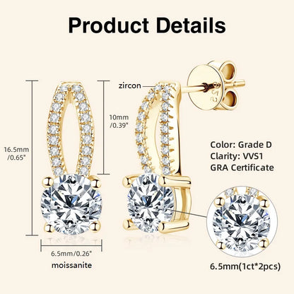 Solitaire D1.0CT Moissanite Drop Earrings Real 925 Silver Piercing Ear Stud Earring for Women Wedding Jewelry Party Gifts