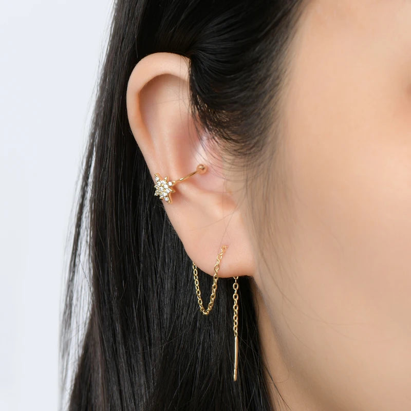 Moissanite Star Ear Line Cuff Crawler Climber Earrings for Women 925 Silver Long Chain Threader Earring GRA Jewelry Gifts
