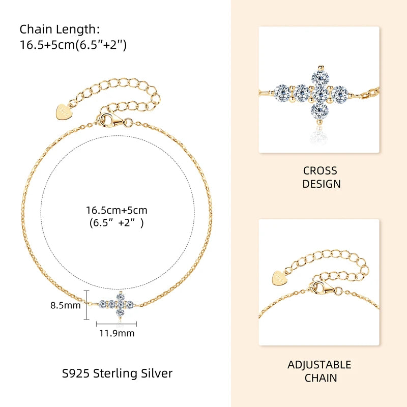 Real Moissanite Cross Bracelet 100% 925 Silver Adjustable Chain Bracelets for Women and Men Charm Jewelry Christmas Gifts