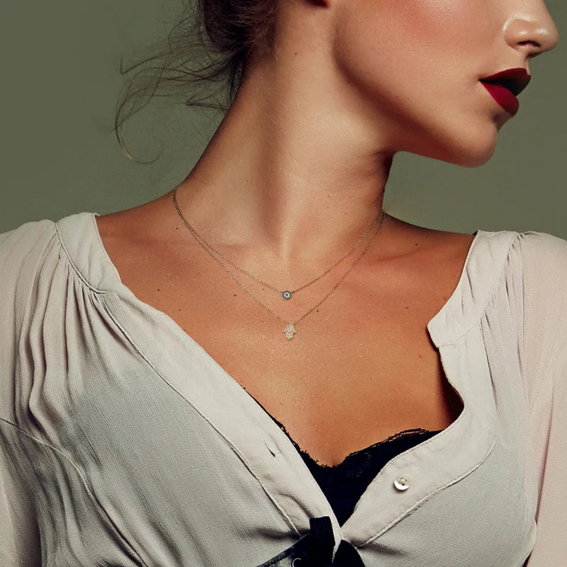 Devil's Eye & Fatima Hamsa Hand Pendant Double Chain Necklace Silver 925 Zircon Boho Protection Choker Women Charm Jewelry
