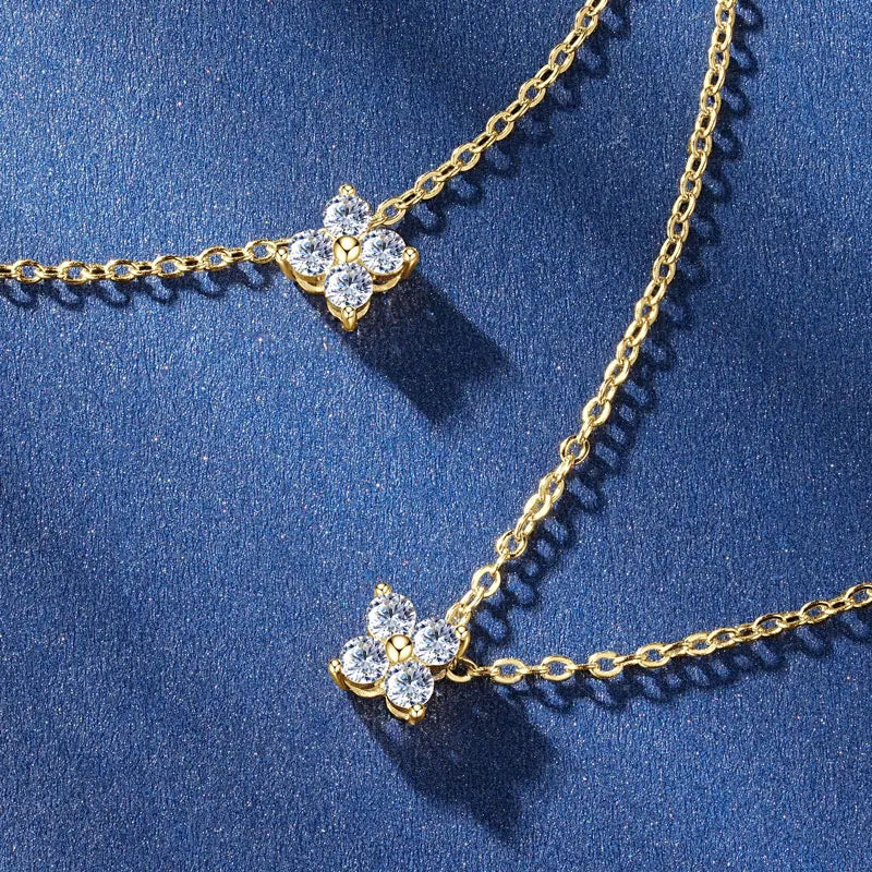 100% Real 10K Gold Clover Flower 2.5mm D Moissanite Pendant Necklace Adjustable Chain for Women Lucky Charm Jewelry Gifts