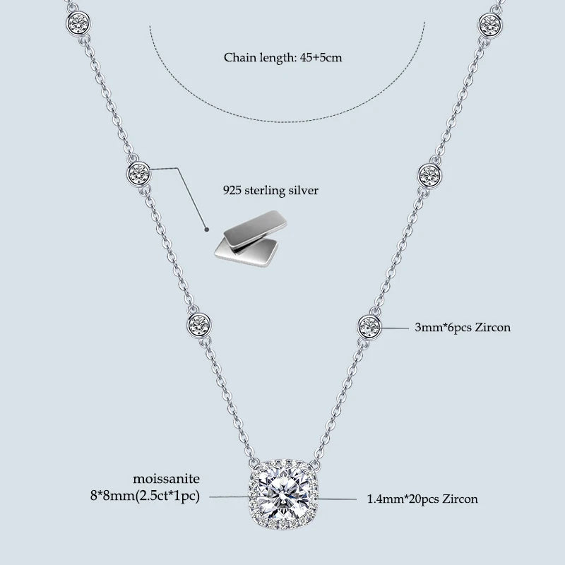 2.5 Carat Cushion Cut Moissanite Pendant Necklaces Adjustable 925 Silver Chain for Women Gift Birthday Jewelry 2025 Trend