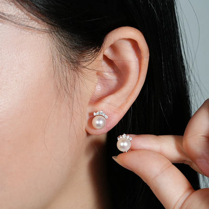 100% S925 Sterling Silver 7.5-8mm Natural Freshwater White Pearl Crown Piercing Stud Earrings for Women Fine Jewel Gifts