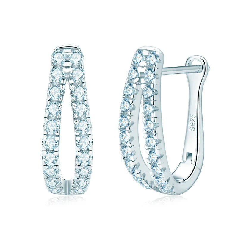 925 Sterling Silver Pavé Moissanite U Shape Hoop Earrings Round Cut 1.5mm(0.015ct*40pcs) Double Row Earring for Girl Women