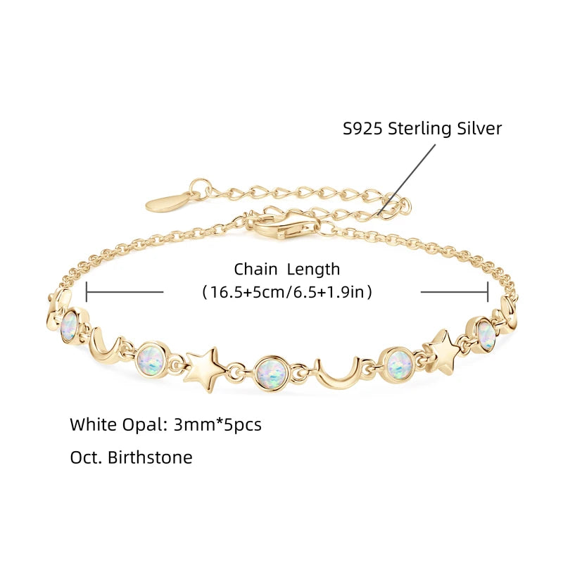 Bezel Artificial Opal Bracelet S925 Silver Chain Moon Star Bracelets for Women Girl 2024 Trendy Gift New Year Christmas