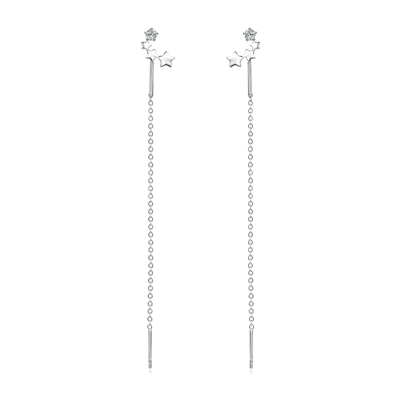 2024 Trendy 925 Sterling Silver Four Stars Stud Ear Line Earrings 3mm Round Moissanite Long Earrings Threader for Women