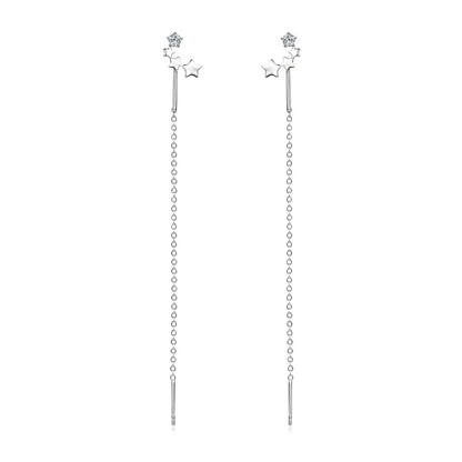 2024 Trendy 925 Sterling Silver Four Stars Stud Ear Line Earrings 3mm Round Moissanite Long Earrings Threader for Women