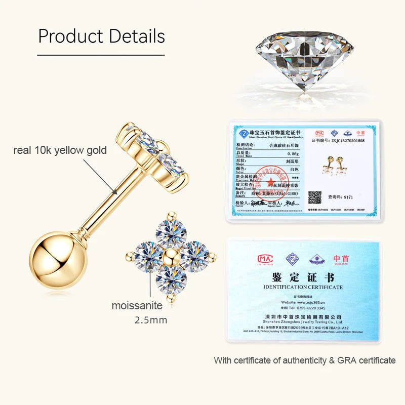 Solid Gold 10K Clover Flower 2.5mm Moissanite Earrings Studs for Women GRA Certified Gold Jewelry Charm Piercing Earrings