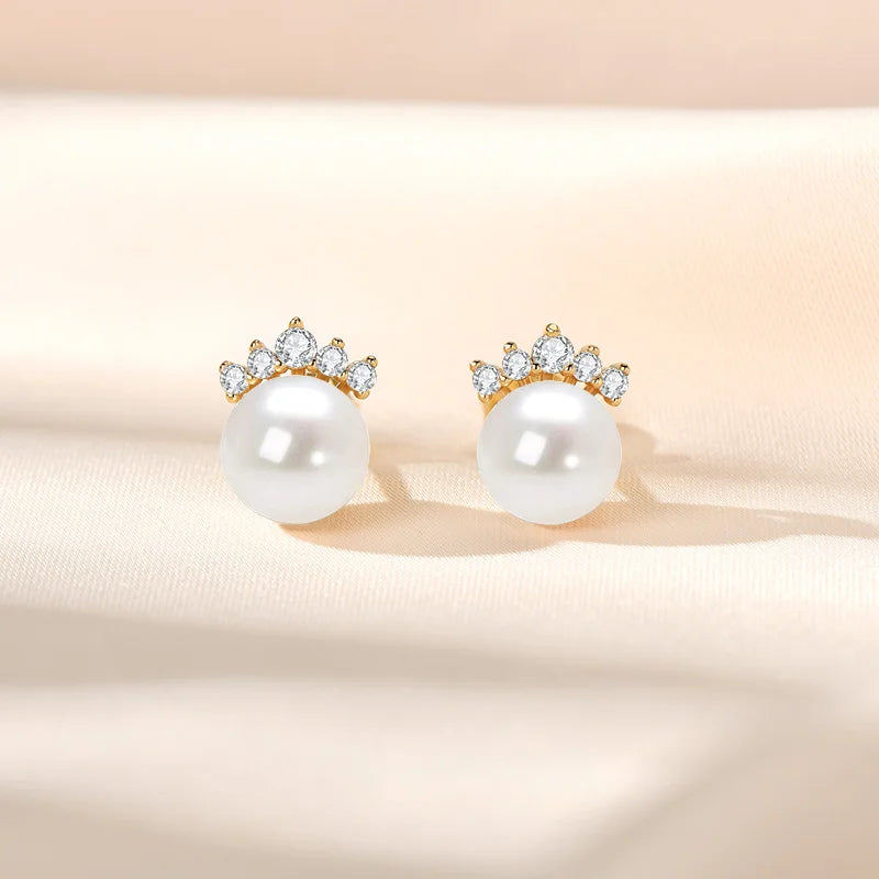 100% S925 Sterling Silver 7.5-8mm Natural Freshwater White Pearl Crown Piercing Stud Earrings for Women Fine Jewel Gifts