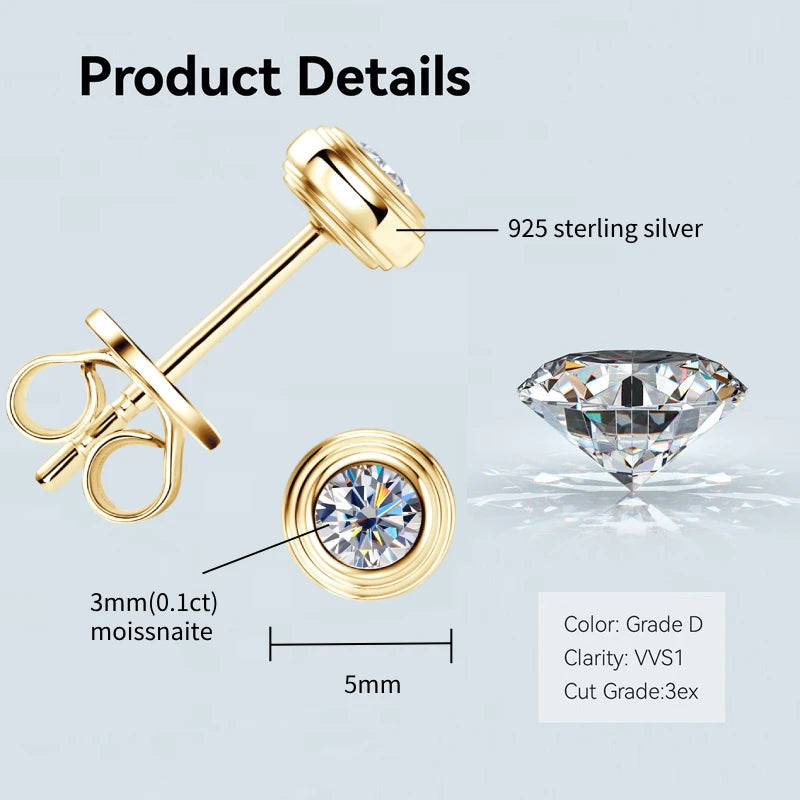 Bezel 5mm 6.5mm 1CT D Color Moissanite Earrings 925 Sterling Silver Plated K Gold Earrings for Men Women Gift Valentine's