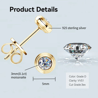 Bezel 5mm 6.5mm 1CT D Color Moissanite Earrings 925 Sterling Silver Plated K Gold Earrings for Men Women Gift Valentine's