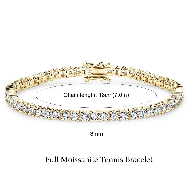 3mm D VVS1 Full Moissanite Tennis Bracelets for Women Men Couples Real 925 Sterling Silver Bracelet 14K Gold Plated Gifts